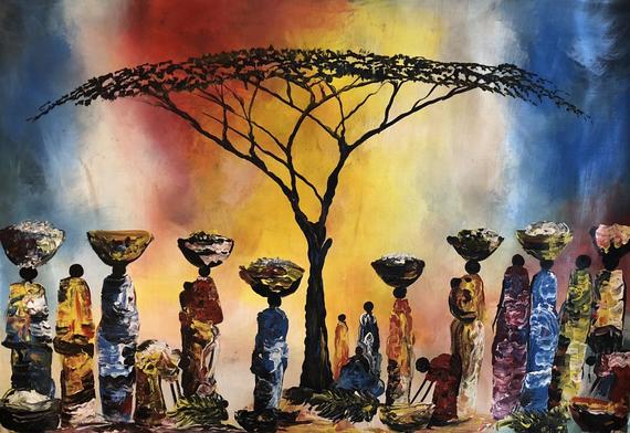Painting of women carrying market baskets beneath a great tree
