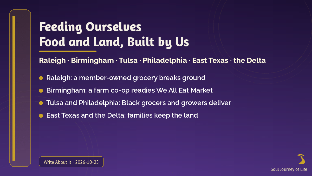 Feeding Ourselves: Black-led co-ops, farmers and families building food and land self-reliance, with the Soul Journey of Life gold logo