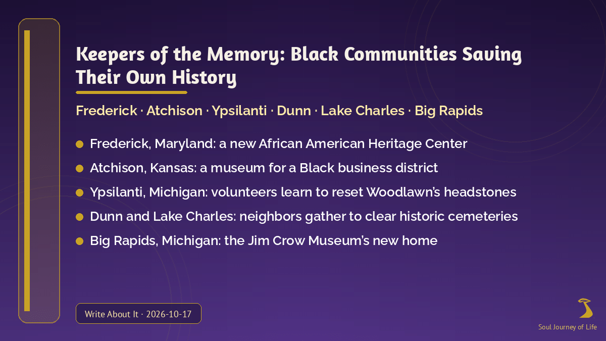 Featured graphic: Keepers of the Memory, Black communities saving their own history, listing Frederick, Atchison, Ypsilanti, Dunn, Lake Charles and Big Rapids, on a violet and gold background with the Soul Journey of Life gold logo.