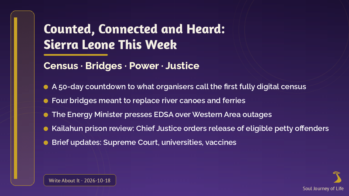 Graphic titled Counted, Connected and Heard: Sierra Leone This Week, with the subtitle Census, Bridges, Power, Justice. Five lines: a 50-day countdown to what organisers call the first fully digital census; four bridges meant to replace river canoes and ferries; the Energy Minister presses EDSA over Western Area outages; Kailahun prison review, where the Chief Justice orders release of eligible petty offenders; brief updates on the Supreme Court, universities and vaccines. Write About It, 2026-10-18. Soul Journey of Life.
