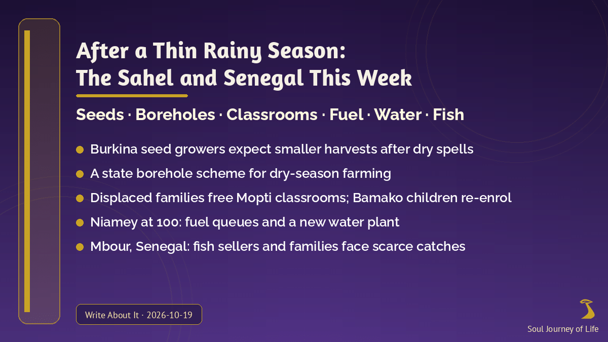 After a Thin Rainy Season: the Sahel and Senegal this week. Seeds, boreholes, classrooms, fuel, water and fish, with the Soul Journey of Life gold logo