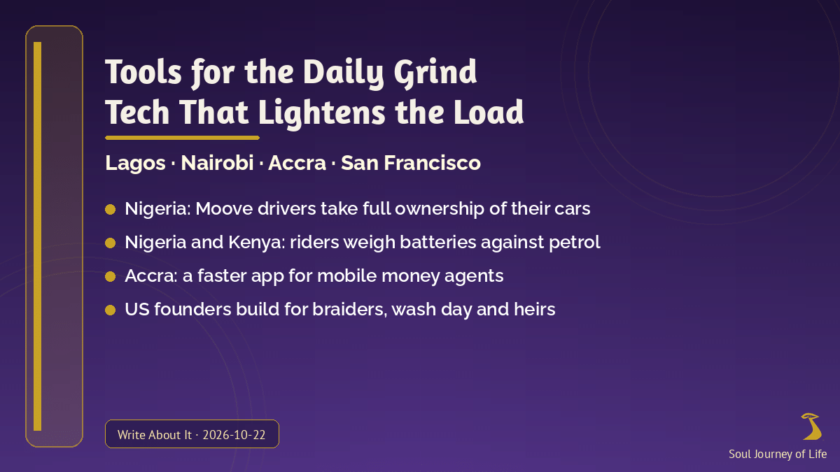 Tools for the Daily Grind: tech for drivers, riders, mobile money agents, braiders and families. Soul Journey of Life gold logo