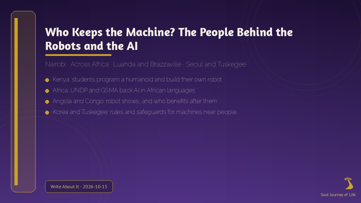 Soul Journey of Life graphic: Who Keeps the Machine? The people behind the robots and the AI — Nairobi, across Africa, Luanda and Brazzaville, Seoul and Tuskegee