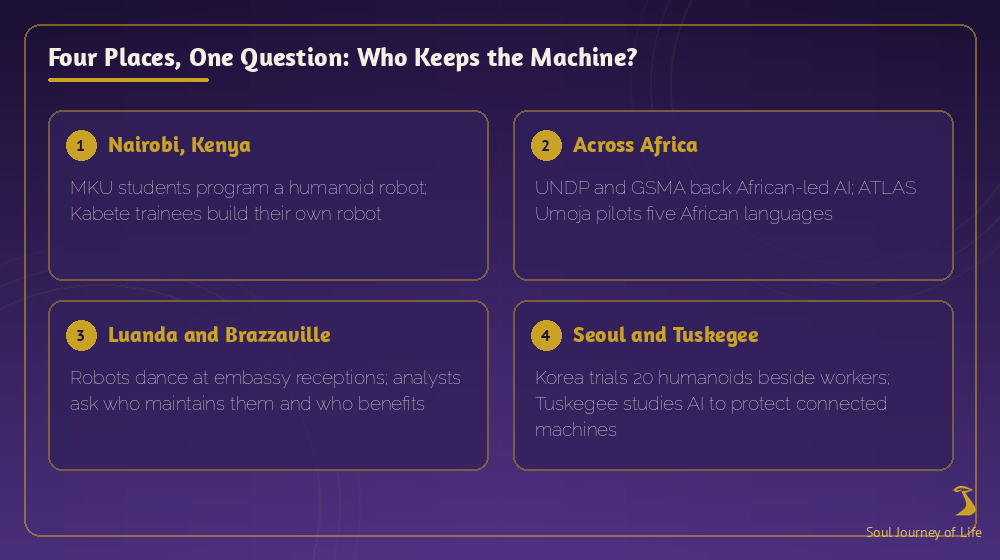 Graphic titled Four Places, One Question: Who Keeps the Machine? with four cards: Nairobi, Kenya, where MKU students program a humanoid and Kabete trainees build their own robot; across Africa, where UNDP and GSMA back African-led AI and ATLAS Umoja pilots five African languages; Luanda and Brazzaville, where robots dance at embassy receptions and analysts ask who maintains them and who benefits; and Seoul and Tuskegee, where Korea trials 20 humanoids beside workers and Tuskegee studies AI to protect connected machines