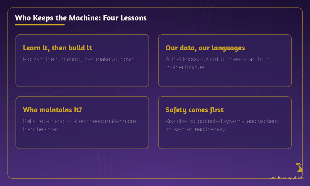 Graphic titled Who Keeps the Machine: Four Lessons — learn it then build it; our data, our languages; who maintains it; and safety comes first