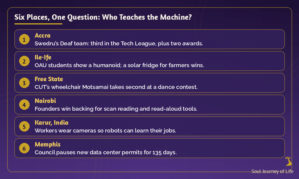 Graphic: six places, one question — who teaches the machine? Ghana, Ile-Ife, Free State, Nairobi, Karur and Memphis
