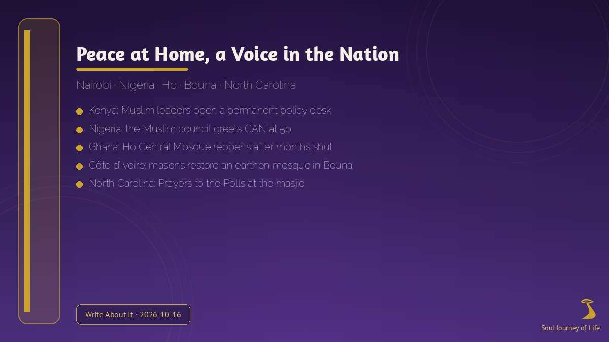 Soul Journey of Life graphic: Peace at Home, a Voice in the Nation — Nairobi, Nigeria, Ho, Bouna and North Carolina, with one line on each story
