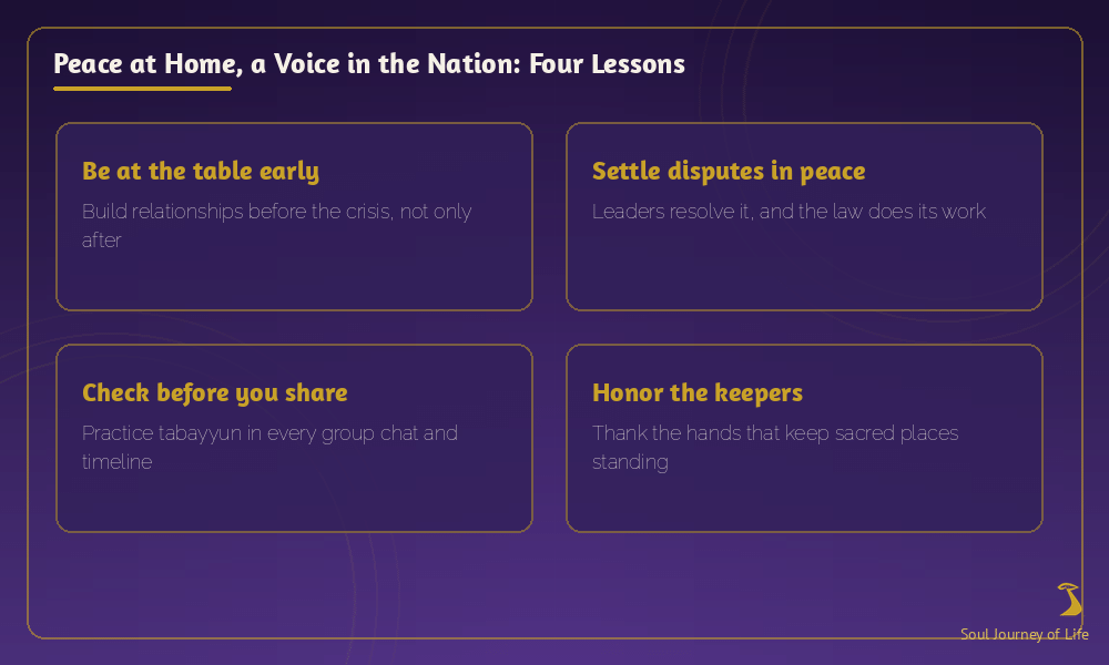 Graphic titled Peace at Home, a Voice in the Nation: Four Lessons — be at the table early, settle disputes in peace, check before you share, and honor the keepers