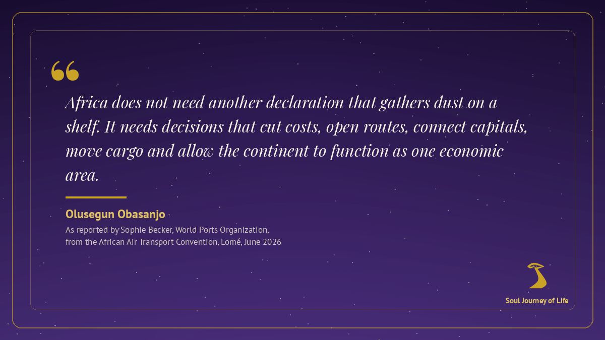 Gold-framed night-sky violet quote card with Olusegun Obasanjo’s reported words that Africa does not need another declaration that gathers dust on a shelf, but needs decisions that cut costs, open routes, connect capitals, move cargo and allow the continent to function as one economic area