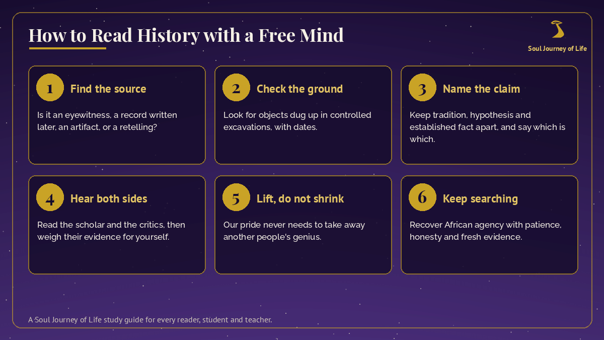 Six numbered gold cards on night-sky violet titled How to Read History with a Free Mind: find the source, check the ground, name the claim, hear both sides, lift do not shrink, and keep searching