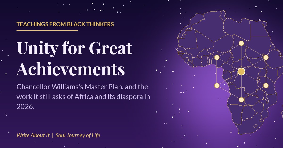 Night-sky violet map of Africa outlined in gold, with a circle of six gold stars joined around a central light, beside the title Unity for Great Achievements