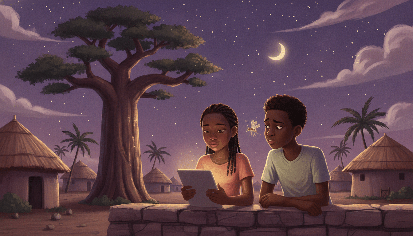 Two Black teens sit on a stone wall under a baobab tree in a West African village at dusk; the girl studies a glowing tablet while the boy eyes a small mosquito buzzing near his ear.