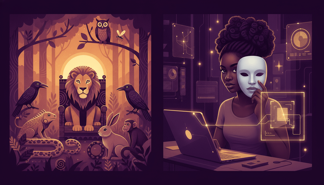 Split illustration: on the left, a lion sits on a throne surrounded by an iguana, python, rabbit, crows, monkey and an owl, with a tiny mosquito in the branches; on the right, a young Black woman holds a white mask beside her face in front of a laptop showing a face-detection box.