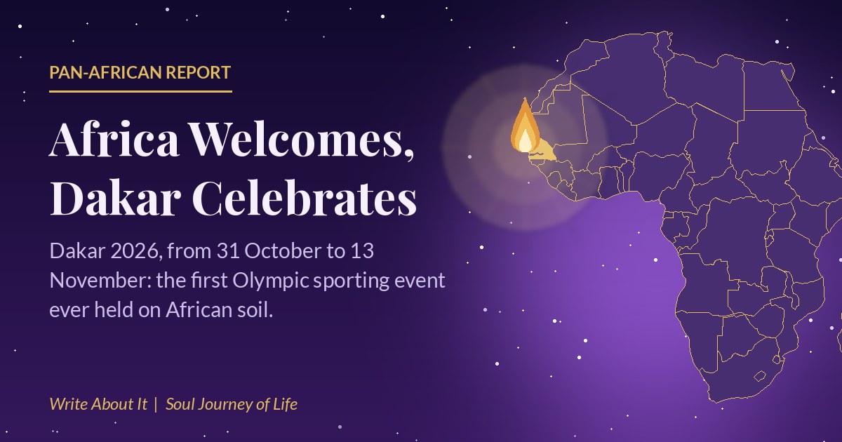 Night-sky violet map of Africa outlined in gold with Senegal glowing gold beneath a gold flame, beside the title Africa Welcomes, Dakar Celebrates