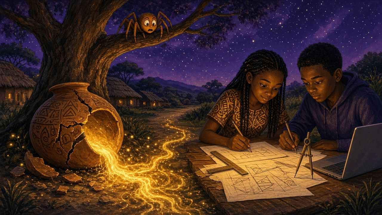 A cracked clay pot under a starry violet sky pours golden light toward two Black teens sketching technical drawings, while Anansi the spider watches from a branch.