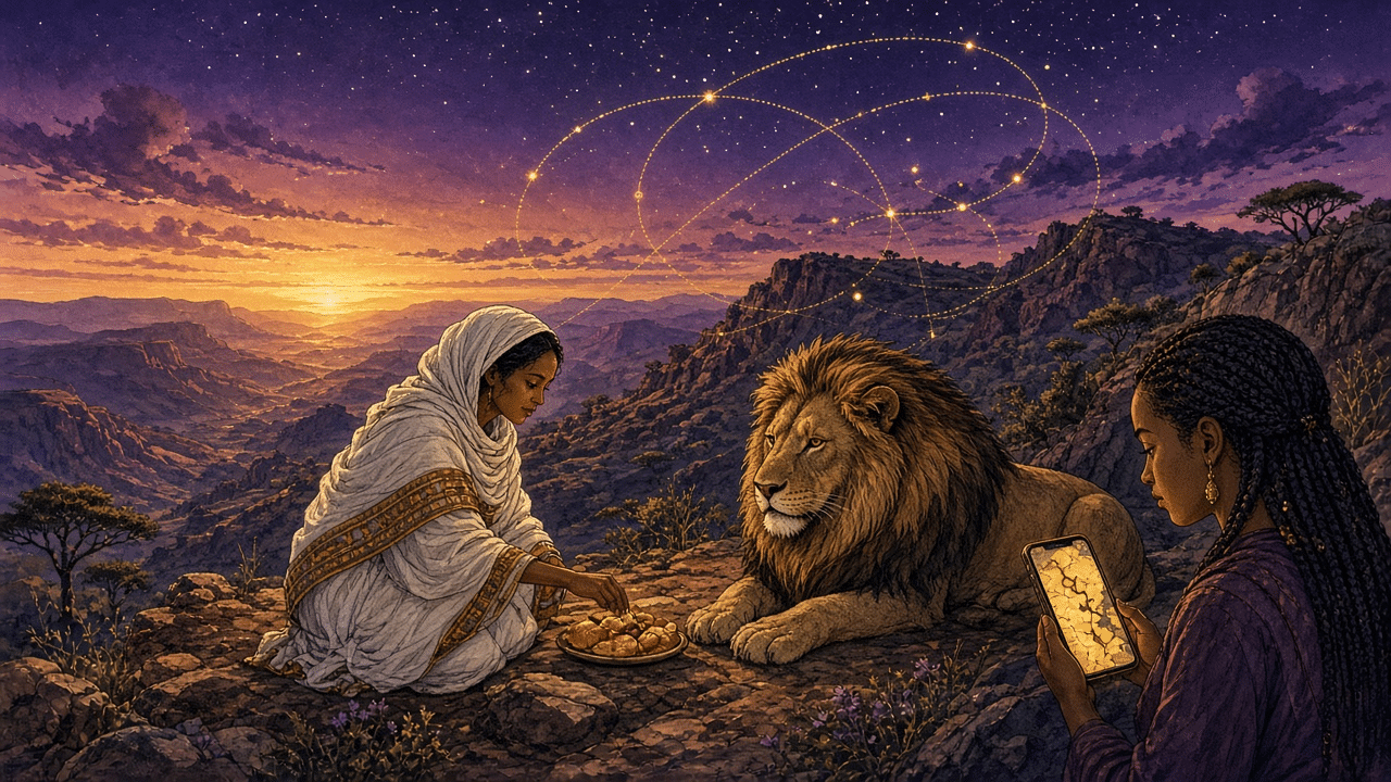 An Ethiopian woman in a white shawl offers food to a calm lion on a highland slope at dusk, golden orbit lines in the starry sky, while a Black teen girl looks at a map on her phone.