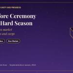 Night-sky violet banner reading Cargo Before Ceremony, AfCFTA’s Hard Season, with chips for Rules of Origin, Corridors and One Market, a gold wireframe cargo crate, and the gold Soul Journey of Life logo