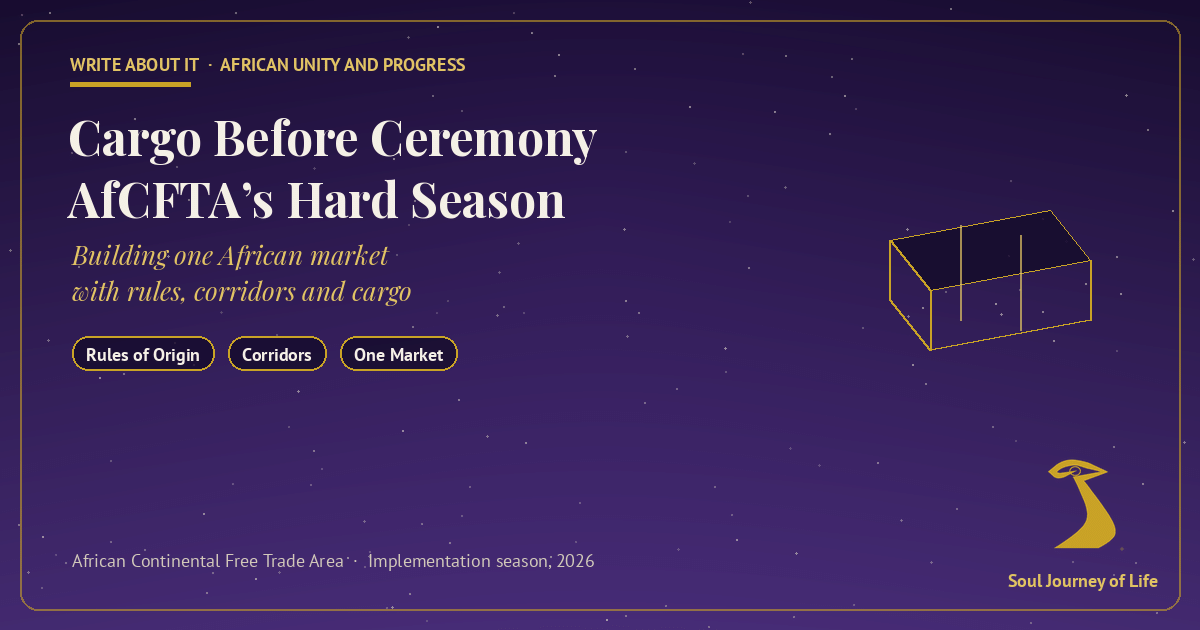 Night-sky violet banner reading Cargo Before Ceremony, AfCFTA’s Hard Season, with chips for Rules of Origin, Corridors and One Market, a gold wireframe cargo crate, and the gold Soul Journey of Life logo