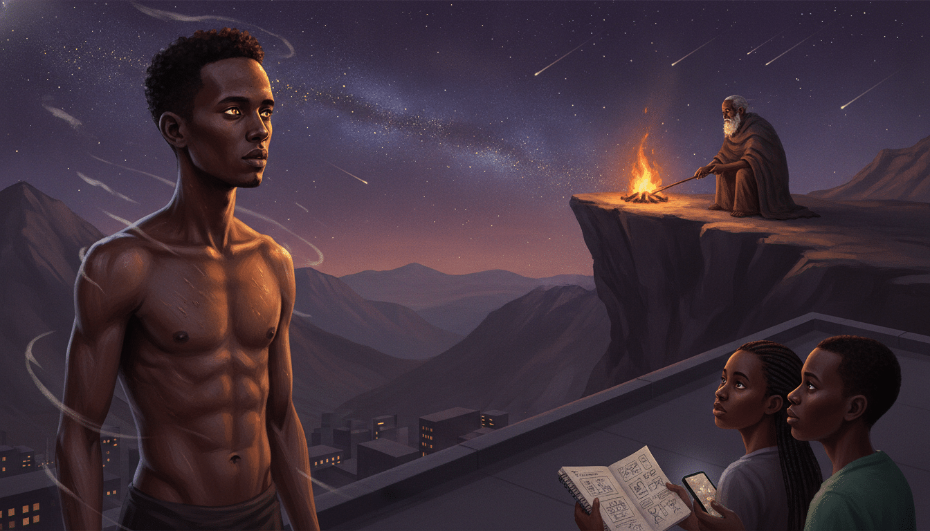 A young Ethiopian man stands on a cold mountain peak at night, watching an elder tend a small fire on a far rock under a violet starry sky, while two Black teens on a rooftop with a sketchbook look toward the same light.