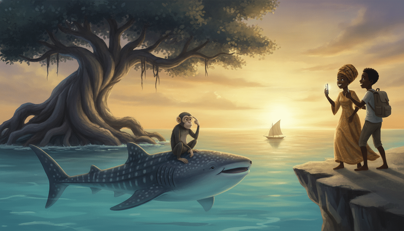 A grey monkey sits thoughtfully on a shark's back in a turquoise sea at sunrise beside a giant tree, while two Black teens on a cliff watch and smile, one holding a phone.