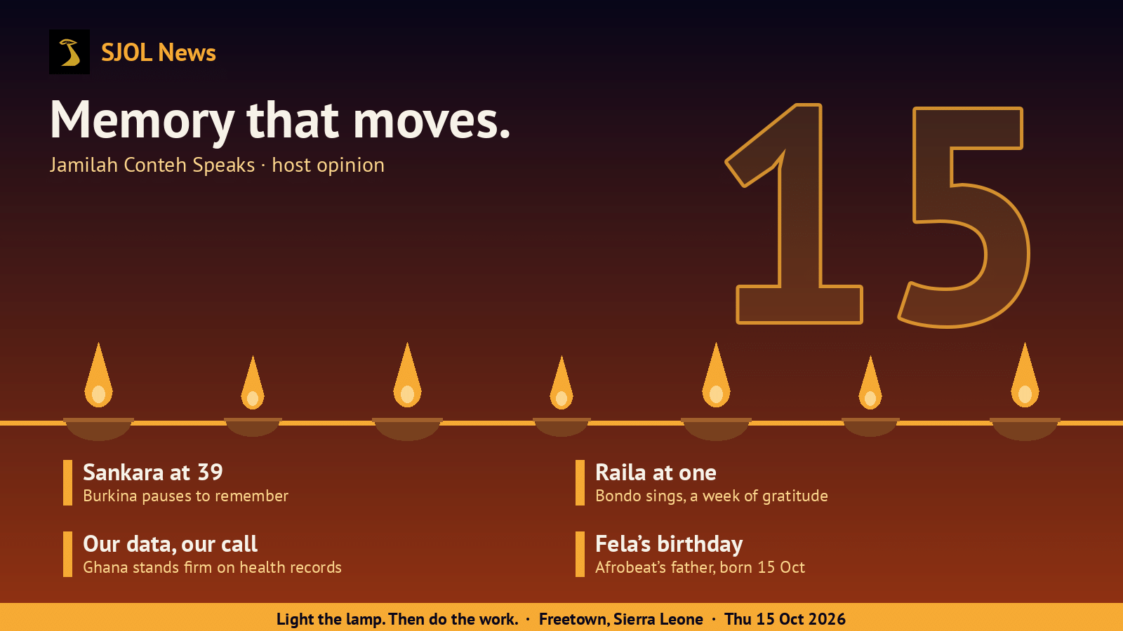 SJOL News card on a midnight-indigo-to-ember background with the headline “Memory that moves.” (host opinion), seven oil-lamp flames on a gold horizon, a large amber outlined “15”, and four story lines: Sankara at 39; Raila at one; Our data, our call; Fela’s birthday
