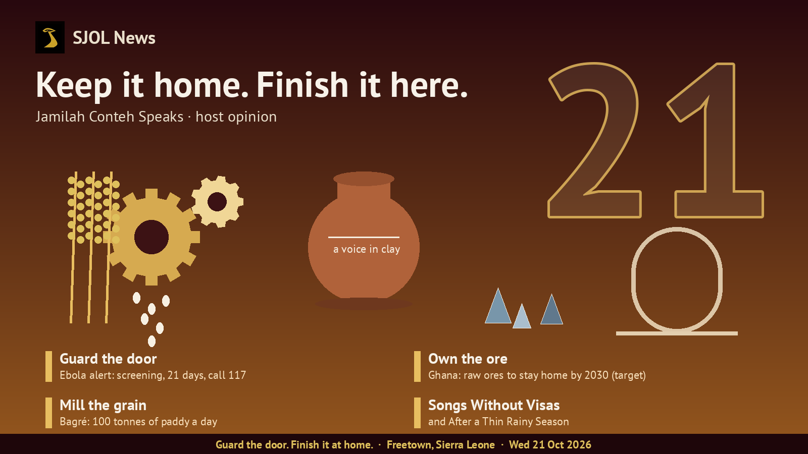 SJOL News card on a maroon-to-gold background with the headline “Keep it home. Finish it here.” (host opinion), a mill gear with falling grain, grain stalks, a clay jar marked “a voice in clay”, three ore crystals, an arched doorway, a large outlined “21”, and four story lines: Guard the door; Own the ore; Mill the grain; Songs Without Visas and After a Thin Rainy Season