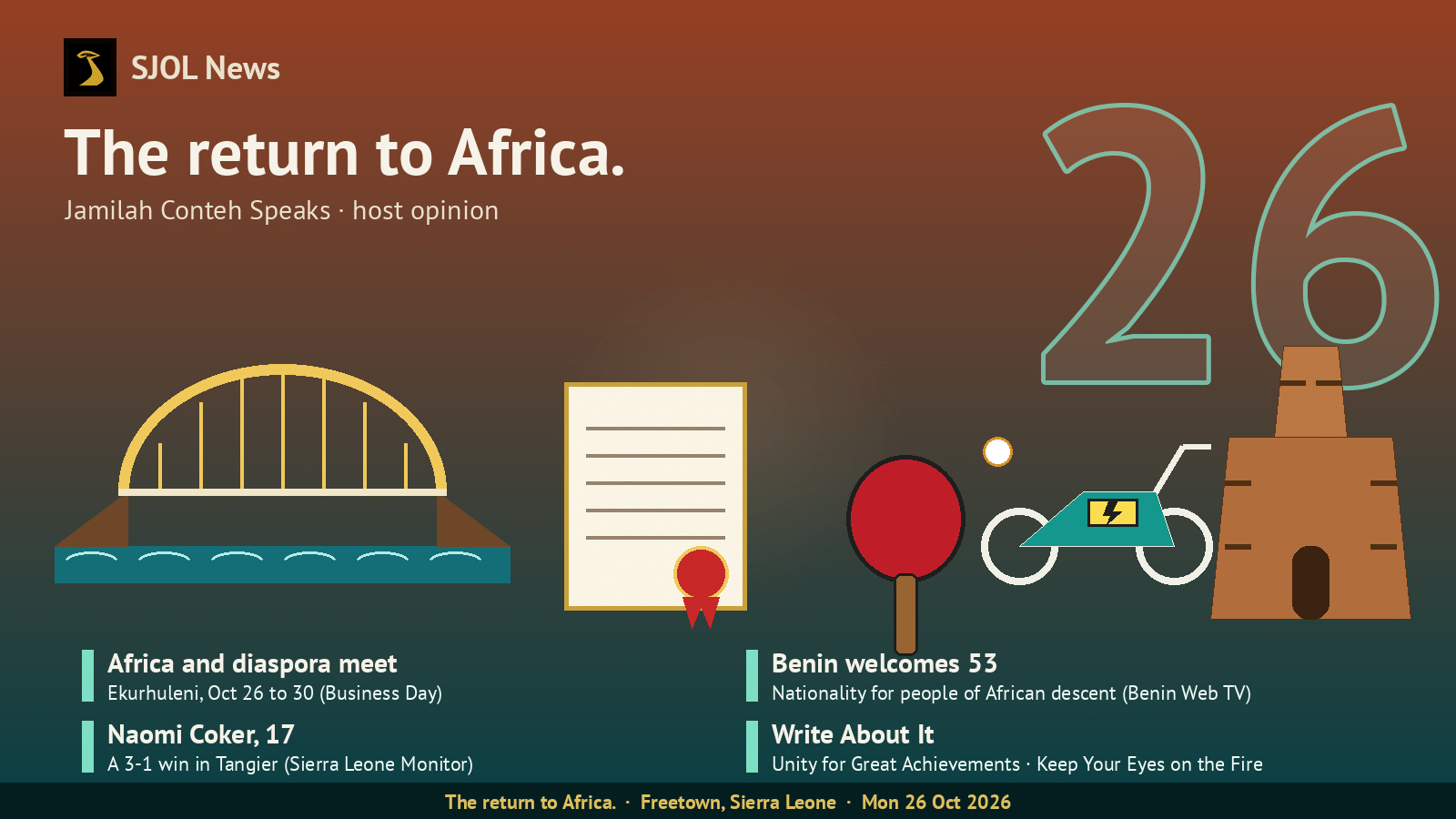 SJOL News card on a terracotta-to-teal background with the headline “The return to Africa.” (host opinion), a bridge arching between two shores, a nationality certificate with a red seal, a table tennis paddle and ball, an electric motorbike with a battery, an earthen Sudanese-style mosque, a large outlined “26”, and four story lines: Africa and diaspora meet; Benin welcomes 53; Naomi Coker, 17; Write About It