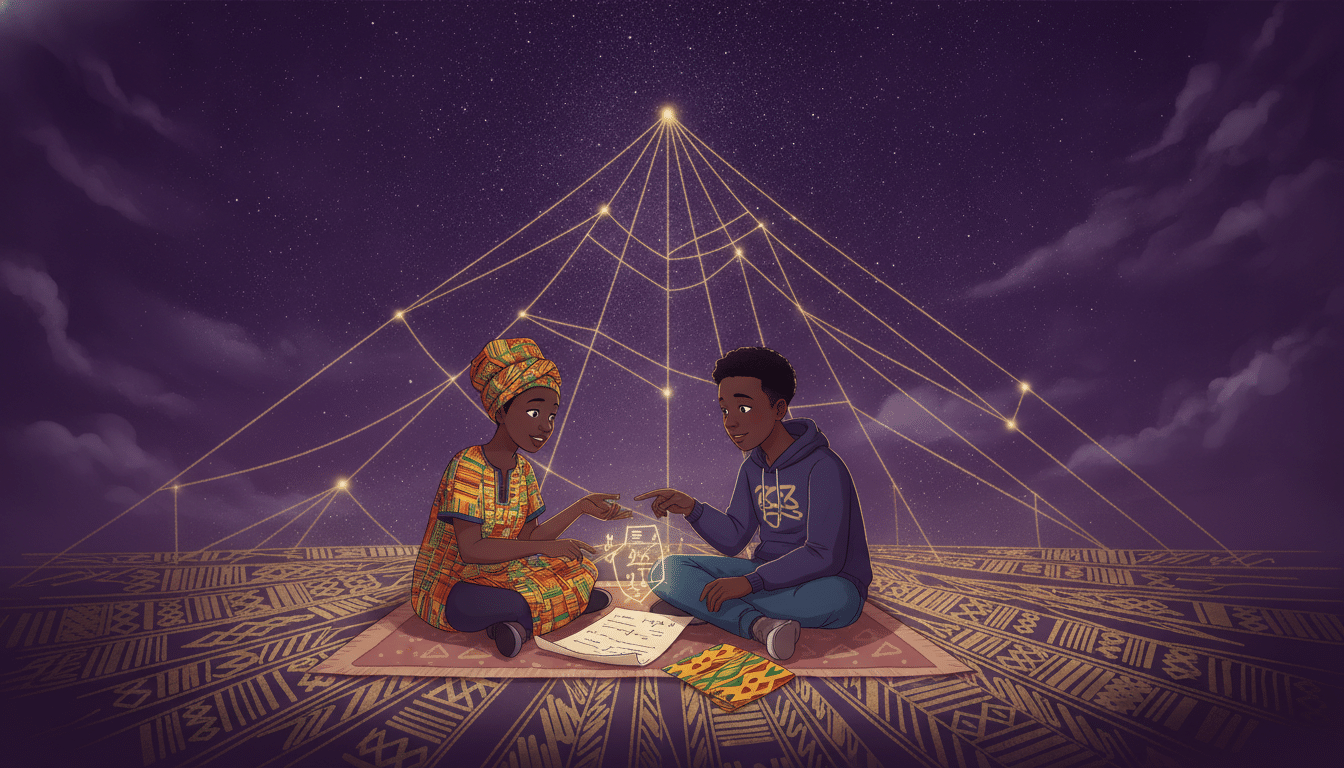 Under a starry violet sky, a glowing geometric spiderweb merges into gold kente-like threads as two Black teens study a cloth pattern and a math diagram together.