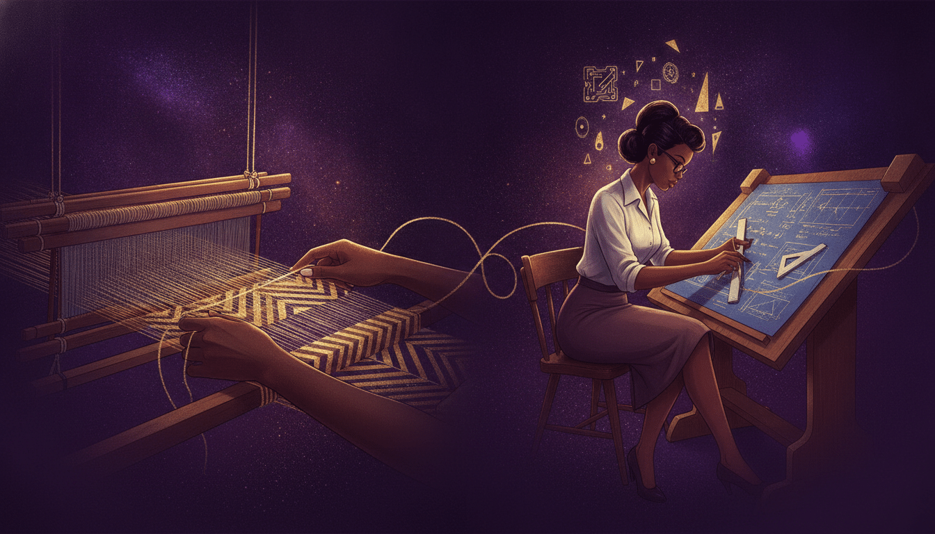 Split illustration: a weaver’s hands guide gold threads on a loom on the left; on the right, a mid-20th-century Black woman engineer works at a drafting table covered in equations, the two scenes linked by a golden thread.