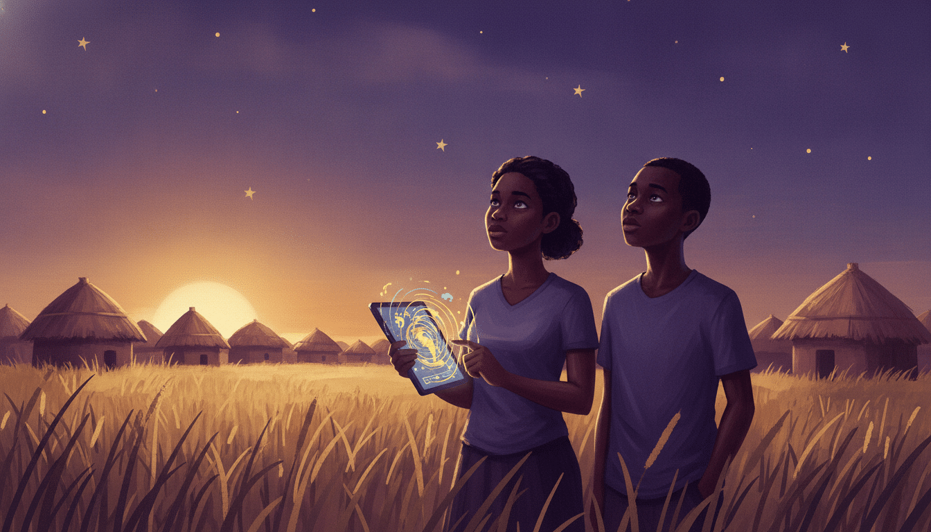 Two Black teens in a golden field at dusk beside thatched homes look up at a violet, starry sky; one holds a tablet showing swirling weather patterns.