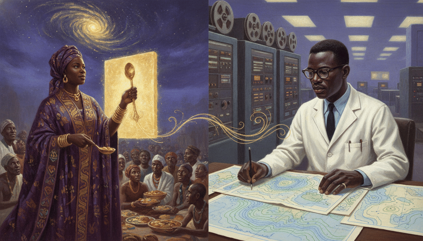 Split illustration: on the left, a woman in a violet festival robe holds a spoon beside a glowing slab of sky as villagers share food; on the right, a Black scientist in glasses studies weather contour maps in a 1960s computer room.