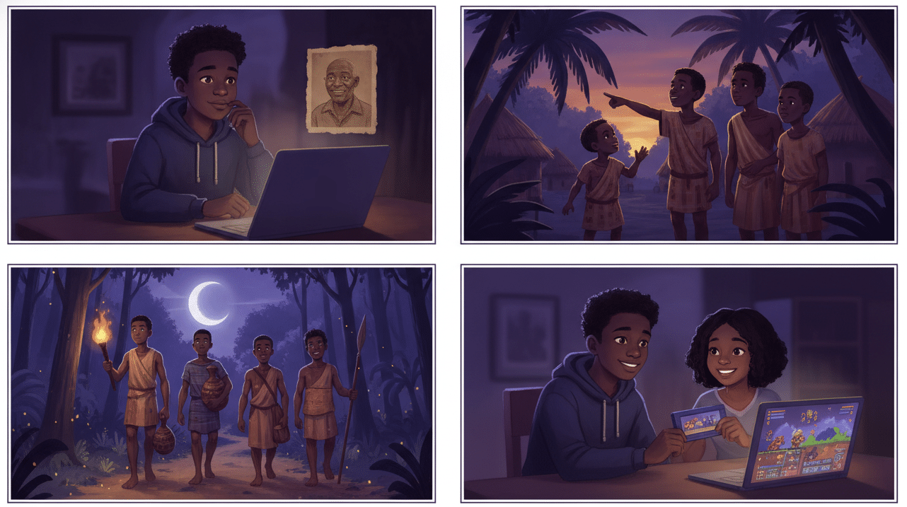 Four comic panels: a teen at his laptop looking at an elder’s photo, a small boy pointing toward the forest with his brothers, the brothers walking a moonlit trail with a torch, gourd, bag, and spear, and the teen with a friend holding a game cartridge beside a pixel game.