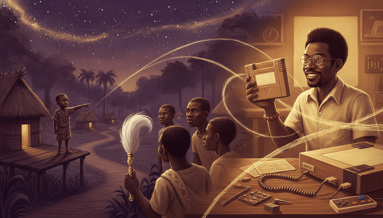 Under a starry violet sky, a small boy in a Liberian village points toward the forest as his older brothers listen, one holding a white cow-tail switch, while golden threads link the scene to a smiling Black engineer holding a game cartridge beside a wood-grain console.