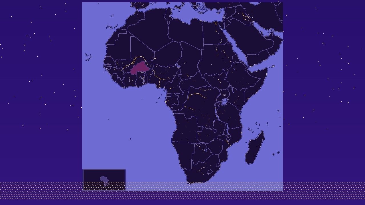 Stylized map of Africa with Burkina Faso highlighted against a night sky