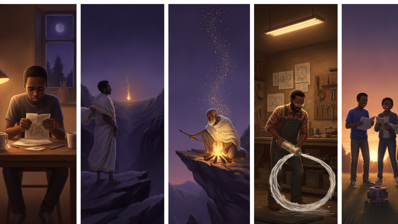 Five violet and gold stills: a discouraged teen with a crumpled sketch, a young man on a windy peak watching a distant fire, an elder tending that fire, an engineer testing a water toy in a workshop, and laughing teens around a small robot at sunrise.