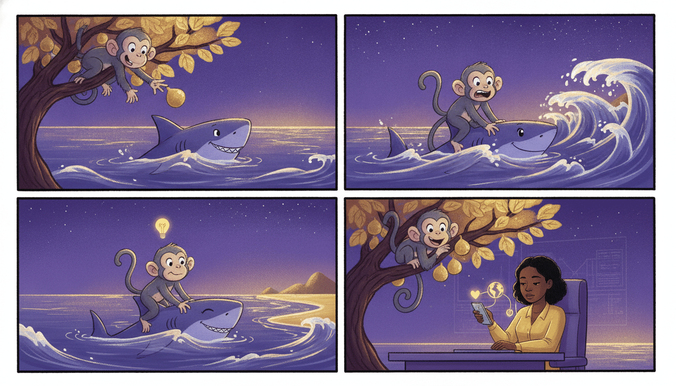 Four comic panels in violet and gold: a monkey tosses fruit to a shark, rides it out to sea looking worried, has a glowing idea, then laughs safely in his tree beside a Black woman engineer looking at a phone with a heart icon.