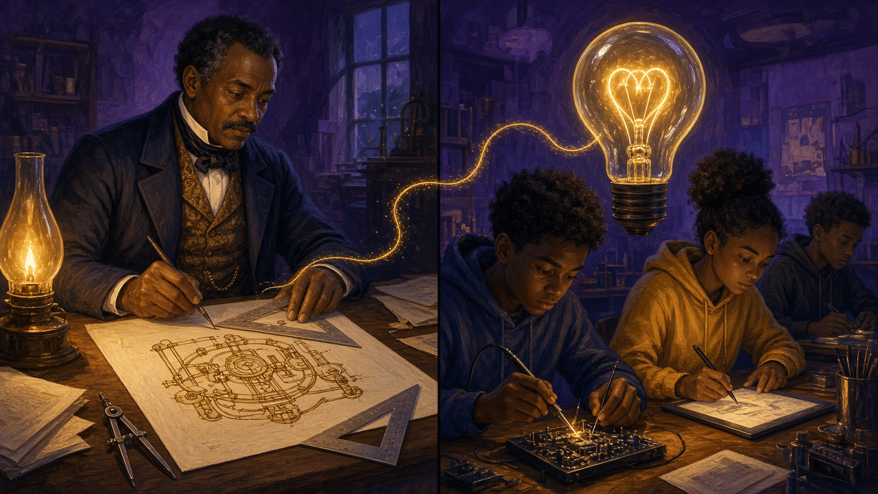 Illustration of a 19th-century Black draftsman inking a patent drawing by lamplight, connected by a golden thread to a light bulb glowing over teens building circuits.