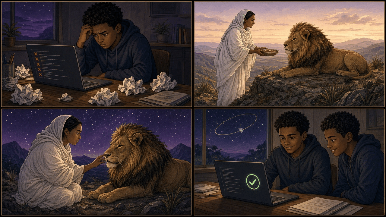 Four comic panels: a frustrated teen facing code errors, a woman leaving food far from a lion, the same woman later sitting beside the calm lion, and the teen with a friend smiling at a green check mark.