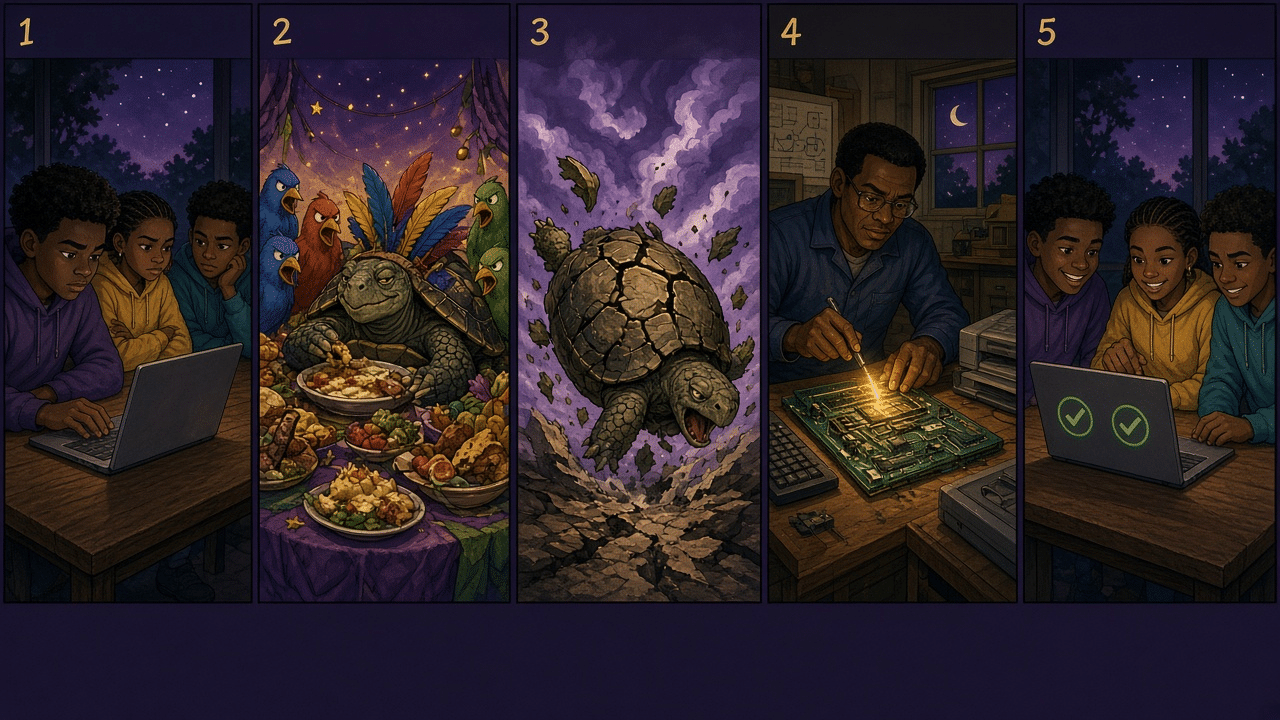 Five-panel storyboard. 1: a teen hugs a locked group laptop while friends look left out. 2: Tortoise with borrowed feathers keeps the sky feast while birds watch. 3: the birds fly off with their feathers and Tortoise lands with a cracked shell. 4: an engineer at a 1980s workbench plugs a card into a motherboard connected to a printer, keyboard, and drive. 5: the teens share one screen with green checks and two empty chairs pulled out.